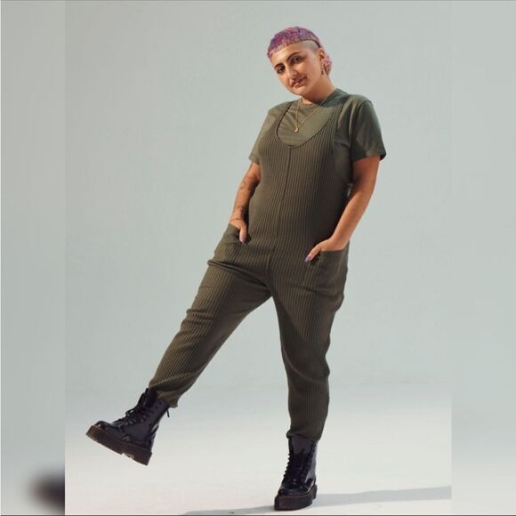 Fordays Renew Upcycled Rib Relaxing Romper Olive Green Jumpsuit - Picture 1 of 9